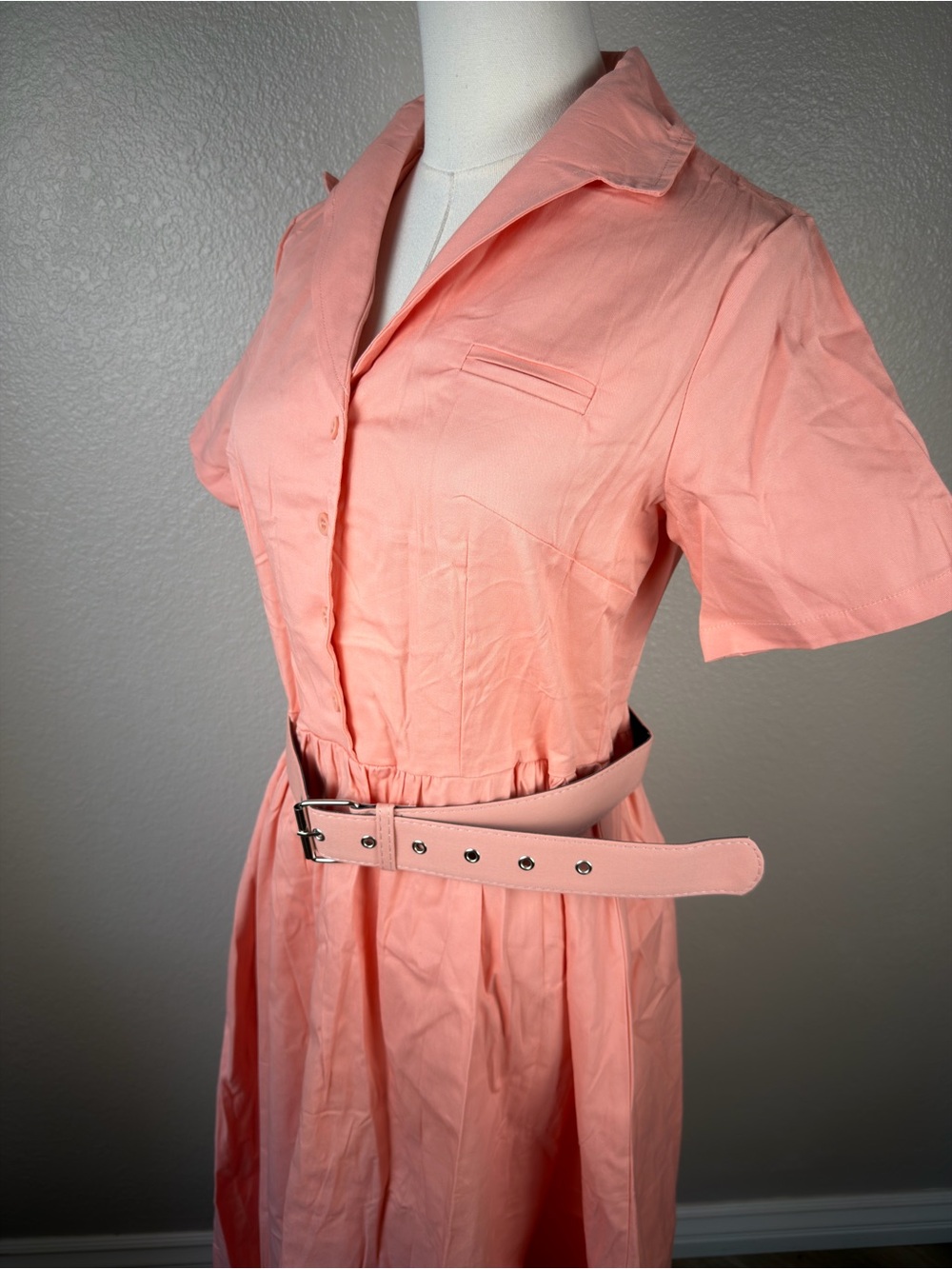 NWT Vintage-Inspired Salmon Belted Midi Shirt Dress 1950’s Rockabilly, Large - Picture 5 of 8